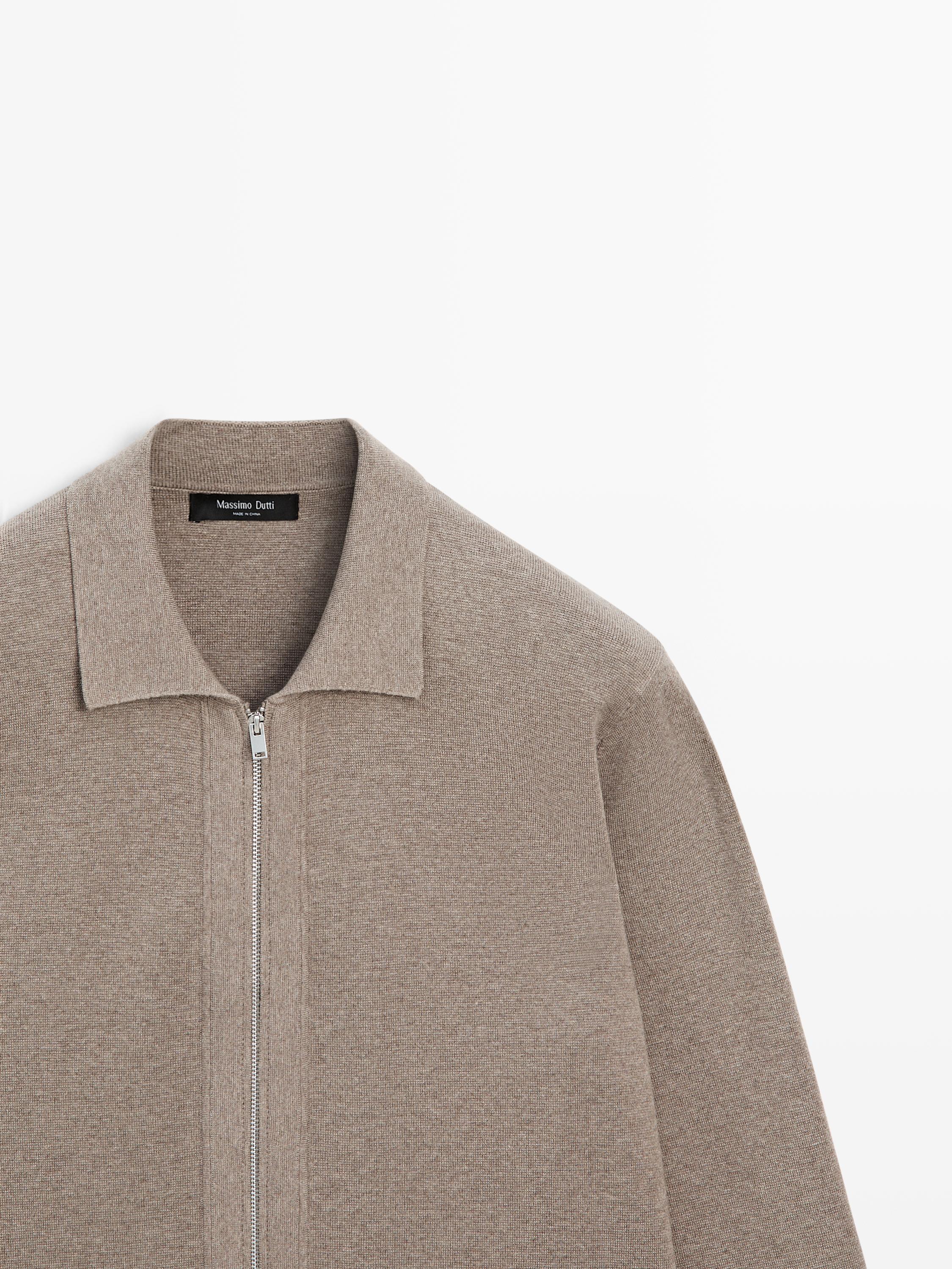 Zip-up knit cotton and wool blend cardigan with pockets